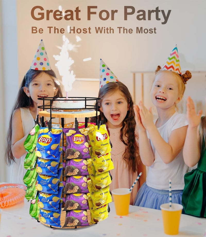 Usluole Chip Rack Display Stand, 5 Tiers 40 Clips Snack Organizer with Fence, 360°Rotating Wooden Base Chip Bag Holder Candy Display for Concession Stand Countertop, Party, Retail, Home Office, Light Wood - Image 4